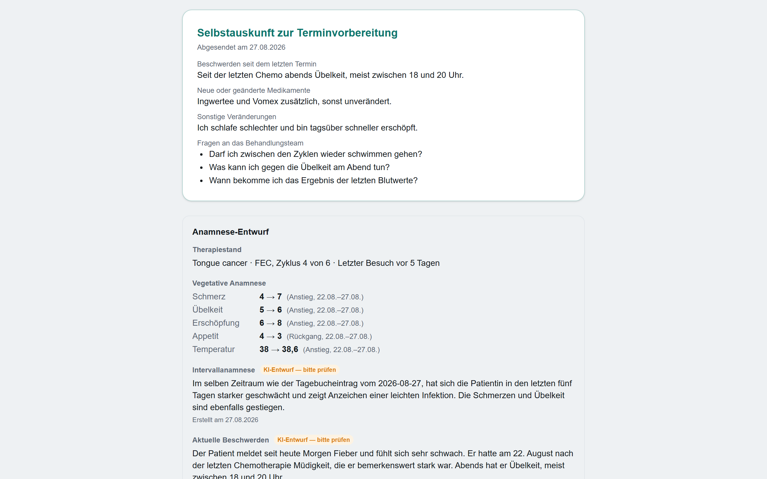 Selbstauskunft zur Terminvorbereitung mit den wörtlichen Fragen der Patientin