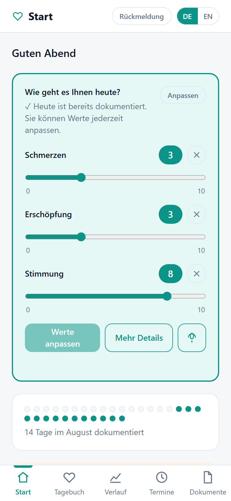 Start der eigenständigen Patienten-App mit Tageseintrag und Monatsübersicht