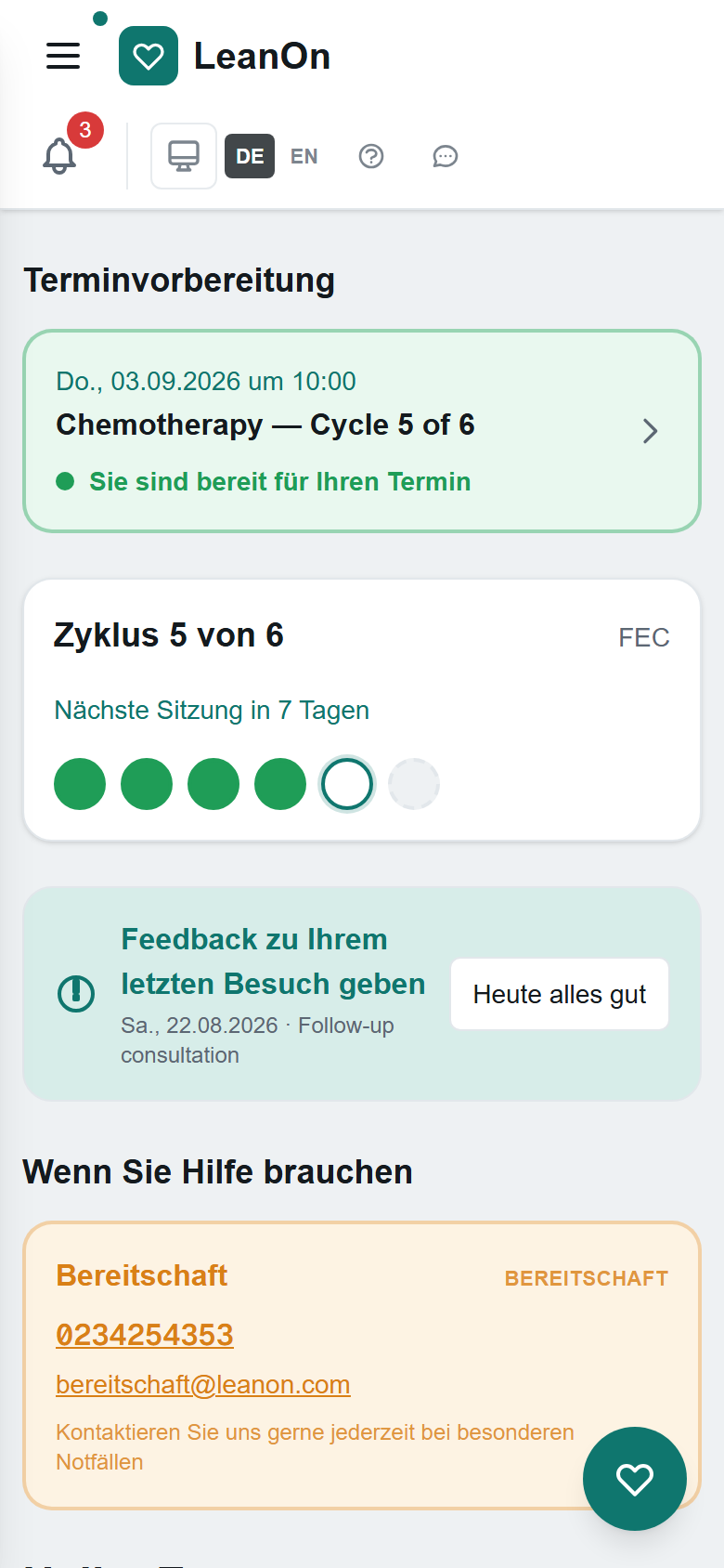 Patienten-Startseite mit Terminvorbereitung und Zyklusübersicht