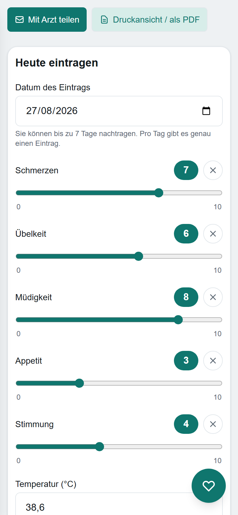 Symptomtagebuch mit Schiebereglern für Schmerzen, Übelkeit, Müdigkeit, Appetit und Stimmung